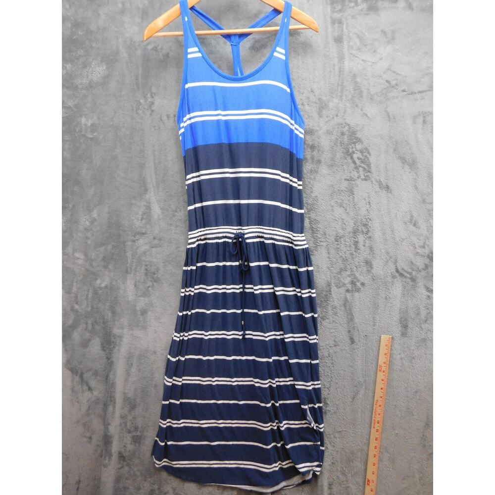 Athleta Dress Womens M Blue Striped Maxi Sundress Scoop Neck Strappy Adjustable